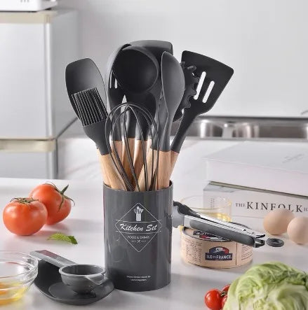Kit de 12 UtensÃlios de Cozinha em Silicone com Cabo de Madeira