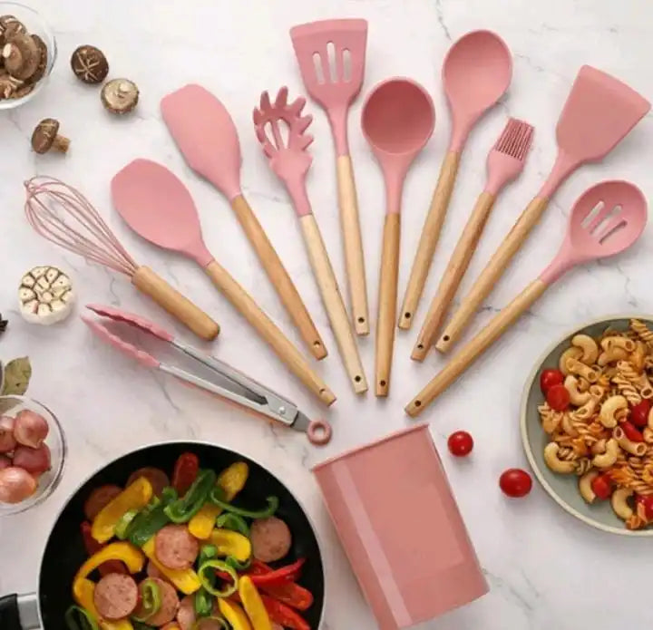 Kit de 12 UtensÃlios de Cozinha em Silicone com Cabo de Madeira
