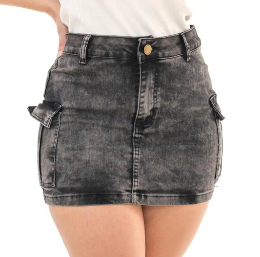 Saia Cargo Jeans Marmorizada Cinza Grafite – Mini