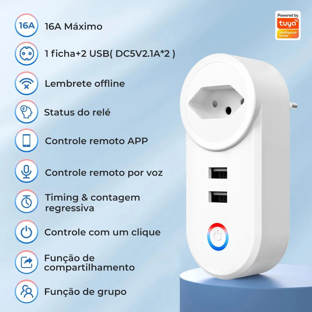 Smart Plug WiFi com 2 Portas USB, Protetor contra Surtos, Cozinha, Eletrodoméstico, Alexa, Tuya, Brasil, 16A