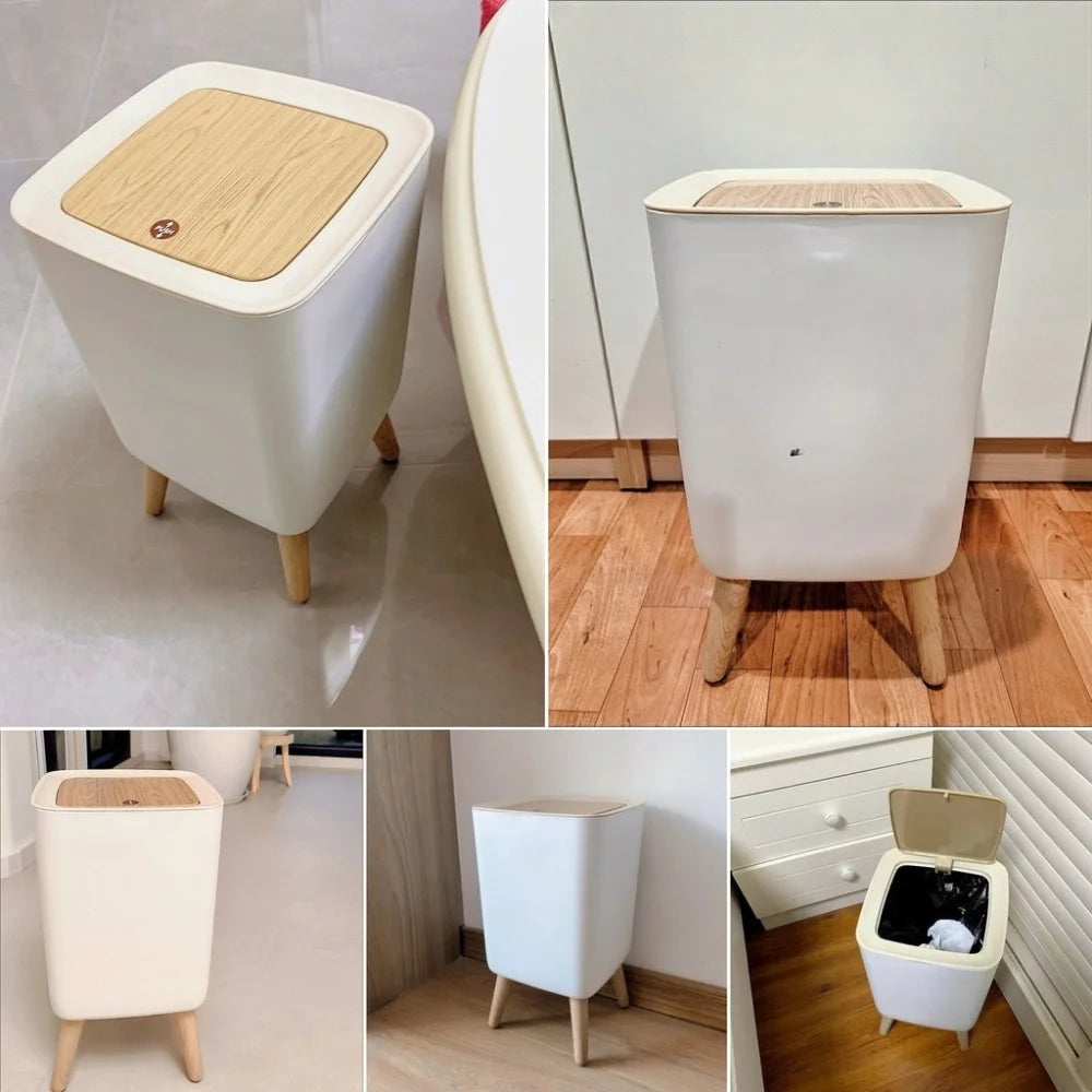 Lixeira Com Pés de Madeira Moderna Com Tampa de Pressão Para Sala Banheiro Cozinha Escritório 7L/10L