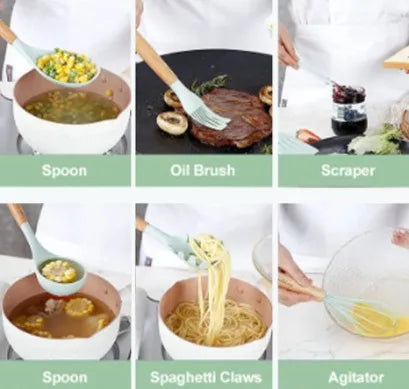 Kit de 12 Utensílios de Cozinha em Silicone com Cabo de Madeira