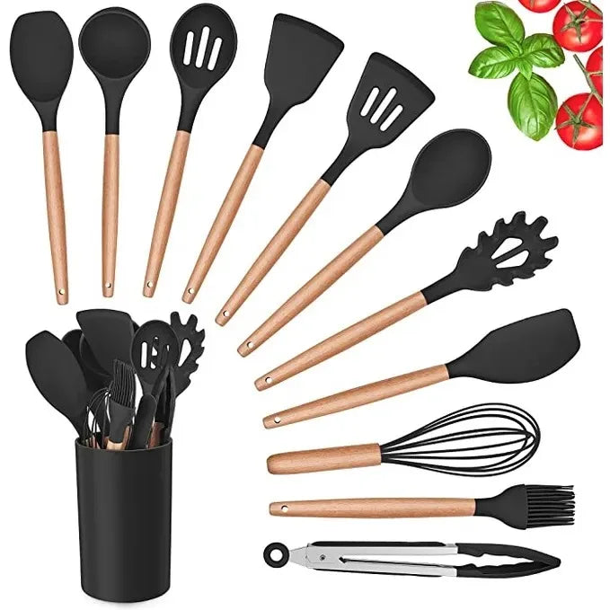 Kit de 12 Utensílios de Cozinha em Silicone com Cabo de Madeira