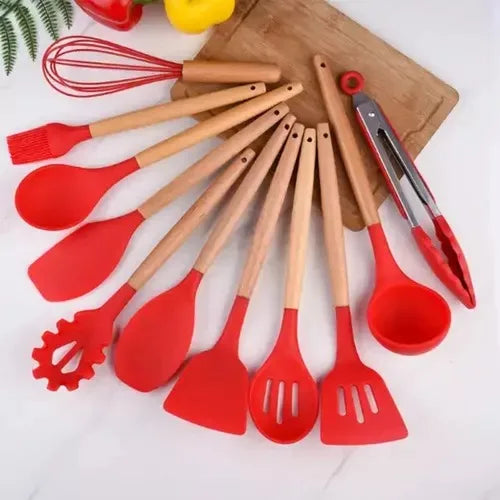 Kit de 12 Utensílios de Cozinha em Silicone com Cabo de Madeira