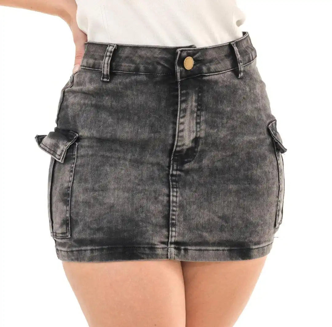 Saia Cargo Jeans Marmorizada Cinza Grafite – Mini