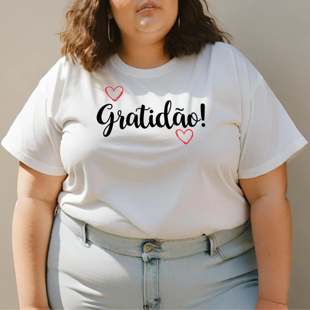 Camiseta Feminina Estampada GuGi "Gratidão!" com Corações 100% Algodão Macio