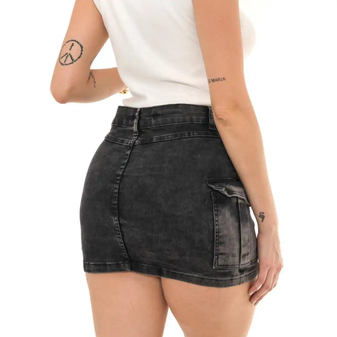 Saia Cargo Jeans Marmorizada Cinza Grafite – Mini