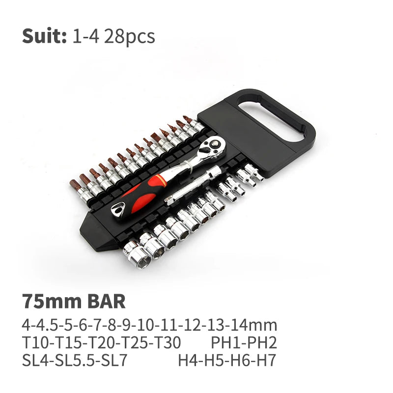 Conjunto de Ferramentas com Catraca Reversível de Liberação Rápida CRV2'' Drive 6.35mm 10mm 12.5mm