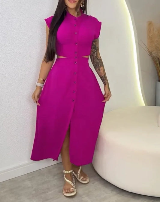 Vestido Casual Feminino • Recortes • Abotoamento Frontal • Cintura Elástica • Decote em V nas Costas