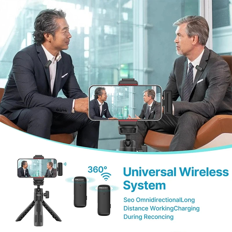 Microfone de Lapela Sem Fio Ulanzi J12 – Conjunto de Microfones de Lapela para Gravação de Vídeos Curtos iPhone Android Live Broadcast