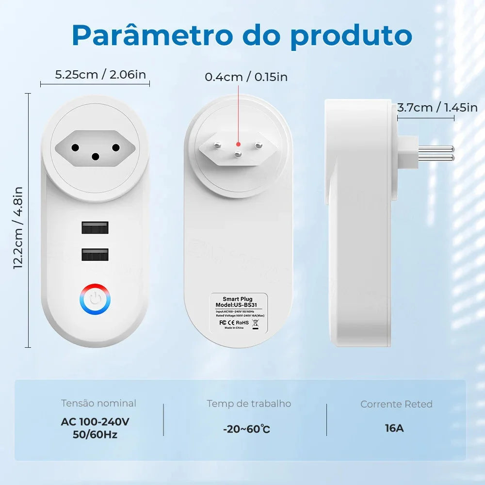 Smart Plug WiFi com 2 Portas USB, Protetor contra Surtos, Cozinha, Eletrodoméstico, Alexa, Tuya, Brasil, 16A