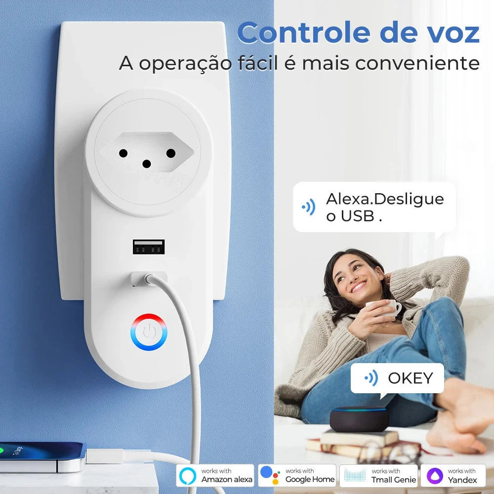 Smart Plug WiFi com 2 Portas USB, Protetor contra Surtos, Cozinha, Eletrodoméstico, Alexa, Tuya, Brasil, 16A