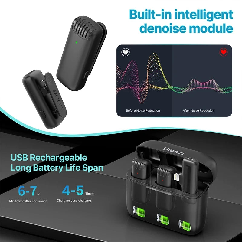 Microfone de Lapela Sem Fio Ulanzi J12 – Conjunto de Microfones de Lapela para Gravação de Vídeos Curtos iPhone Android Live Broadcast
